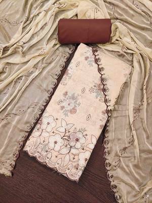 Women's off-white cambric cotton embroidered unstitched dress material 1