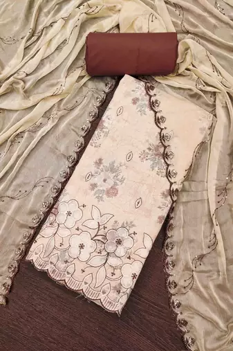 Women's off-white cambric cotton embroidered unstitched dress material