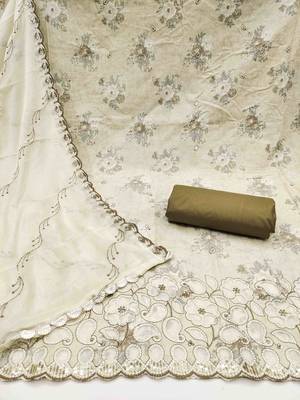 Women's off-white cambric cotton embroidered unstitched dress material 3