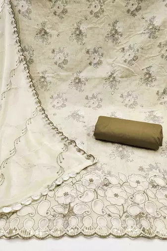 Women's off-white cambric cotton embroidered unstitched dress material