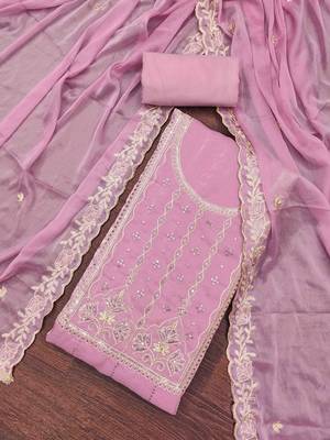 Women's pink viscose satin embroidered unstitched dress material 1
