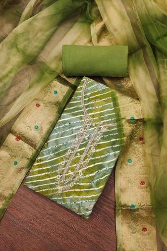 Women's green cotton handwork unstitched dress material