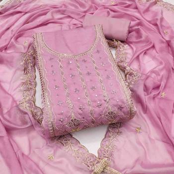 Women's pink viscose satin embroidered unstitched dress material 2