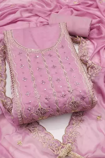 Women's pink viscose satin embroidered unstitched dress material