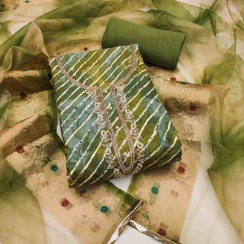 Women's green cotton handwork unstitched dress material 2