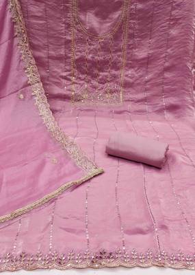 Women's pink viscose satin embroidered unstitched dress material 3