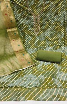 Women's green cotton handwork unstitched dress material 3