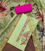 Women's pista green cotton silk handwork unstitched dress material