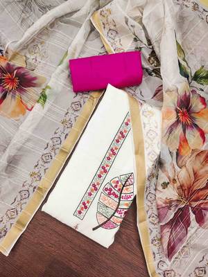 Women's white cotton silk handwork unstitched dress material 1