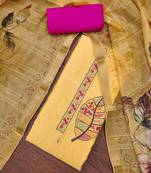 Women's yellow cotton silk handwork unstitched dress material