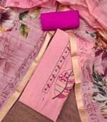 Women's pink cotton silk handwork unstitched dress material