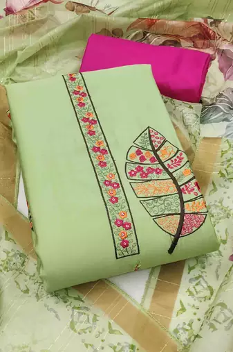 Women's pista green cotton silk handwork unstitched dress material