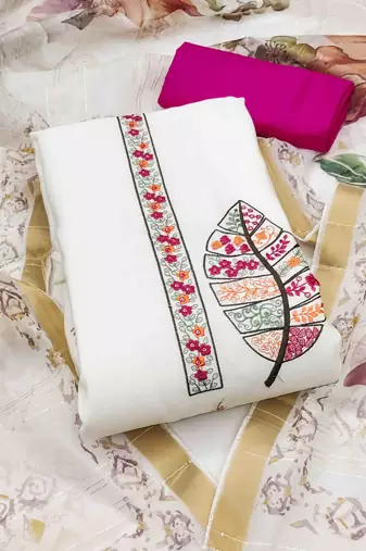 Women's white cotton silk handwork unstitched dress material