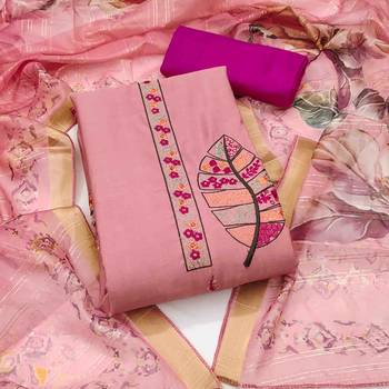 Women's pink cotton silk handwork unstitched dress material 2