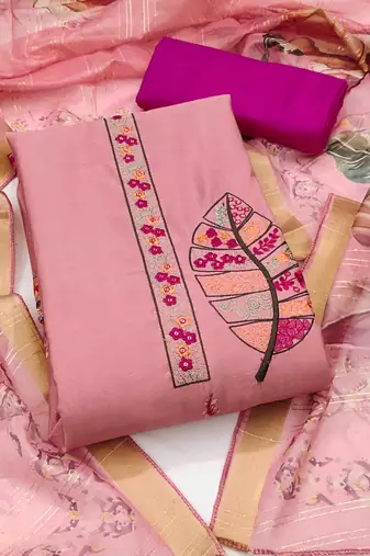 Women's pink cotton silk handwork unstitched dress material