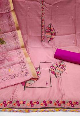 Women's pink cotton silk handwork unstitched dress material 3