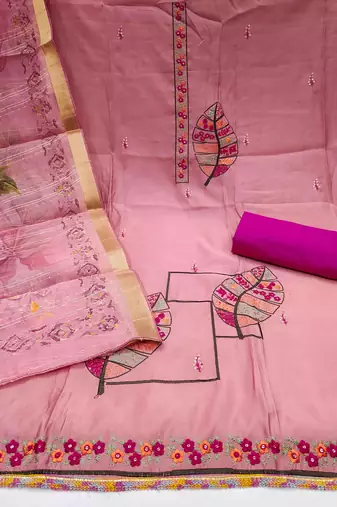Women's pink cotton silk handwork unstitched dress material