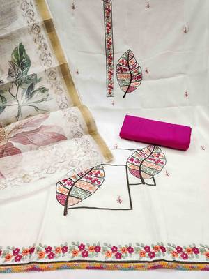 Women's white cotton silk handwork unstitched dress material 3