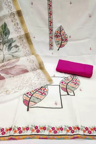 Women's white cotton silk handwork unstitched dress material