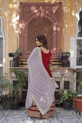 Maroon zari & sequin embroidered faux blooming anarkali gown with net dupatta   fully stitched festive wear for women 5
