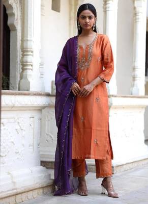 Rust orange peonies and parrot kurta set 1