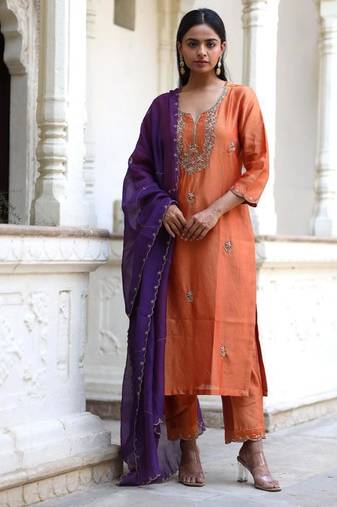 Rust orange peonies and parrot kurta set