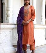 Rust orange peonies and parrot kurta set