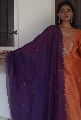 Rust orange peonies and parrot kurta set 2