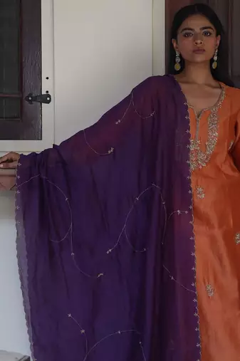 Rust orange peonies and parrot kurta set