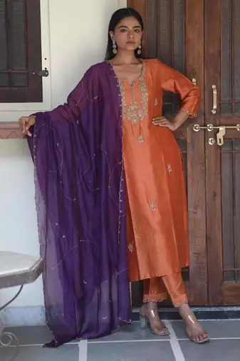 Rust orange peonies and parrot kurta set