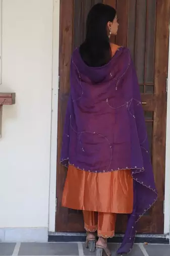 Rust orange peonies and parrot kurta set