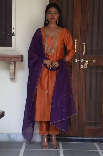Rust orange peonies and parrot kurta set