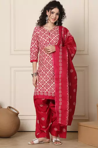 beige & pink cotton blend printed ready to wear patiala salwar suit