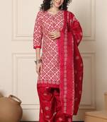 beige & pink cotton blend printed ready to wear patiala salwar suit