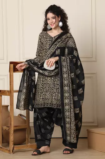 beige & black cotton blend printed ready to wear patiala salwar suit