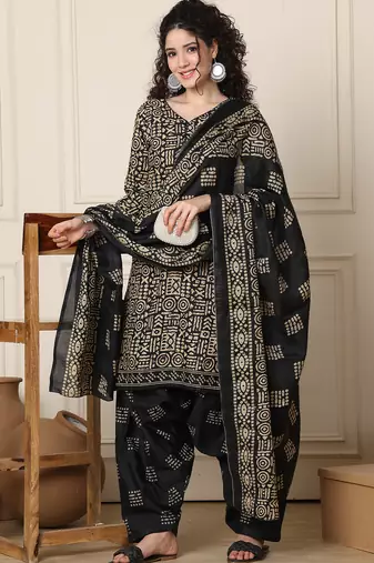 beige & black cotton blend printed ready to wear patiala salwar suit