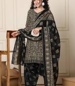 beige & black cotton blend printed ready to wear patiala salwar suit