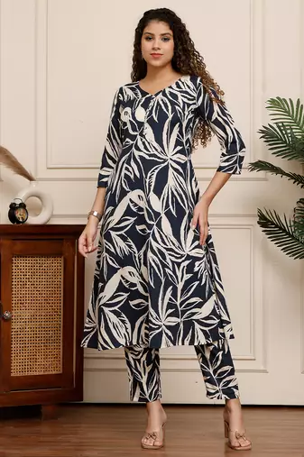 women's cotton botanical floral printed kurta with pant