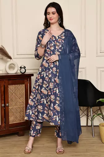 women's cotton blend  floral printed kurta & pant with dupatta