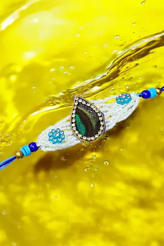 Peacock feather rakhi for brother – traditional handcrafted design with
vibrant colors
