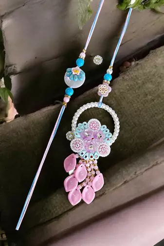 Pastel dream rakhi & lumba set – handmade floral rakhi for brother
and bhabhi