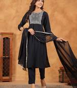 women's black chanderi silk yoke embroidered straight kurta set