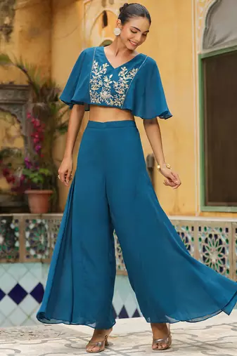 women's teal blue georgette yoke embroidered co-ord set