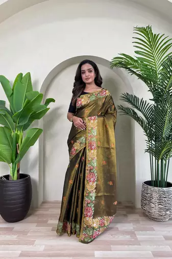 Mehndi Zari Weaving Tissue Silk Saree 