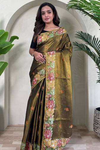 Mehndi Zari Weaving Tissue Silk Saree 