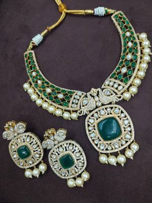 Traditional green kundan pearl choker necklace set for women 1