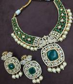 Traditional green kundan pearl choker necklace set for women