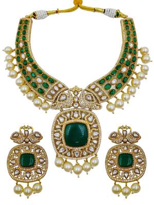 Traditional green kundan pearl choker necklace set for women 2