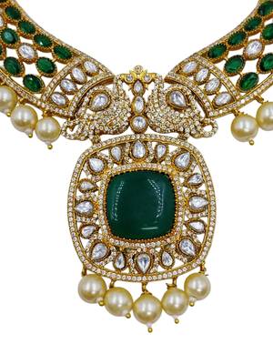 Traditional green kundan pearl choker necklace set for women 3