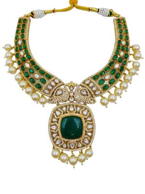 Traditional green kundan pearl choker necklace set for women 4